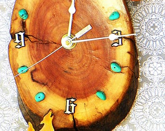 Coyote with Moon and Turquoise Stones Log Cabin Style 8.25&quot; x 5&quot; x 1.5&quot; Rustic Wall Clock