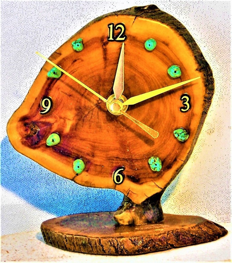 Burlwood Desk Clock with Turquoise Stones 6 x 5.5 x 3.5 Log Cabin Style image 1