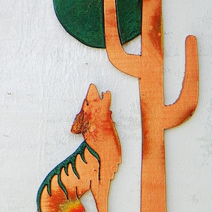 CopperCutts Coyote with Saguaro and Moon 6&quot; x 10&quot; Rustic Copper & Wood Wall Plaque