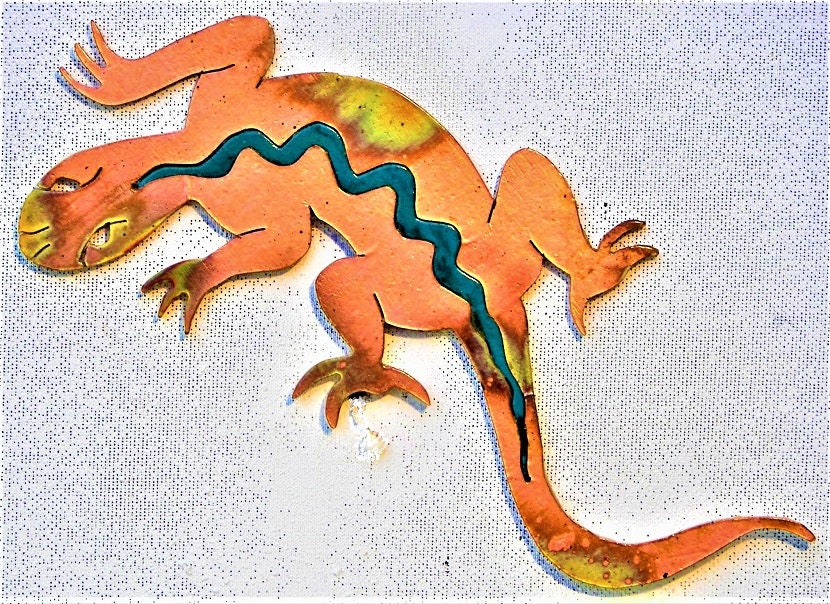 COPPERCUTTS Gecko Wall Plaque 5" x 10.5" SouthWest Rustic Style Copper and Wood 