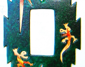 CopperCutts Lizard Family 4.25" x 6" Single Rocker Switch Plate Rustic Copper & Wood