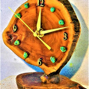 Burlwood Desk Clock with Turquoise Stones 6 x 5.5 x 3.5 Log Cabin Style image 2