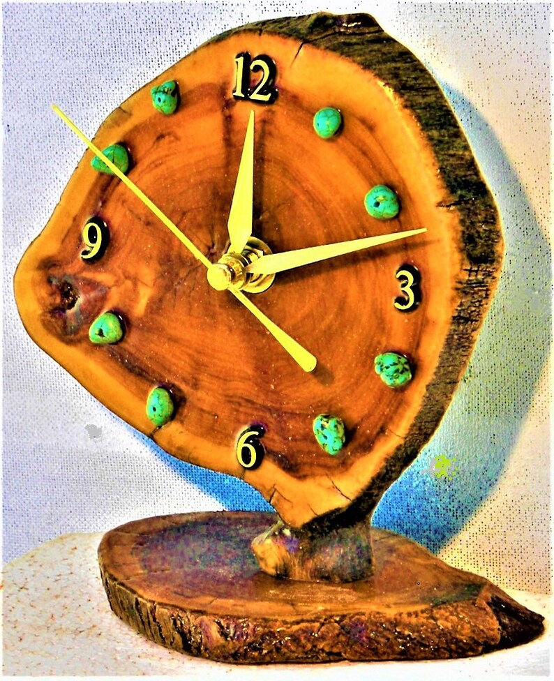 Burlwood Desk Clock with Turquoise Stones 6 x 5.5 x 3.5 Log Cabin Style image 2