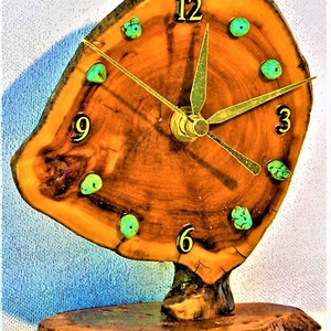 Burlwood Desk Clock with Turquoise Stones 6 x 5.5 x 3.5 Log Cabin Style image 3