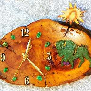 Buffalo with Sunburst and Turquoise Stones Log Cabin Style 11.5&quot; x 8.5&quot; x 1.5&quot; Rustic Wall Clock