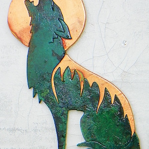 CopperCutts Coyote with Moon 8&quot; x 5&quot; Wall Plaque Rustic Copper and Wood