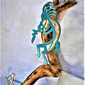 Two Kokopellis with Sunburst on Twisted Branch 19&quot; x 7&quot; x 6&quot; Rustic Wall Hanging