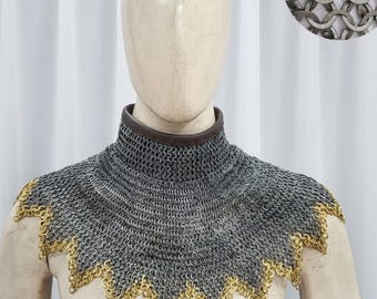 Chainmail Gorget | 9mm Flat Riveted Rings with Washers | Brass Zigzag Edge