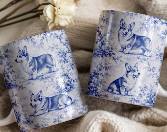 Corgi Toile de Jouy Coffee Mug, Blue French Country Chinoiserie Ceramic Cup, Pembroke Corgi Lover Gift, Corgi Mom Floral Drinkware