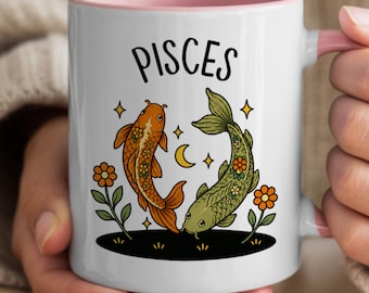 Pisces Astrology Ceramic Mug, Astrology Pisces Fish Boho Coffee Cup, Retro Floral Pisces Gift for Her, Gift for Pisces Birthday Girl