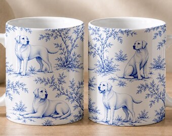 Labrador Retriever Toile de Jouy Coffee Mug, Blue French Country Chinoiserie Ceramic Cup, Yellow Lab Dog Lover Gift, Dog Mom Drinkware