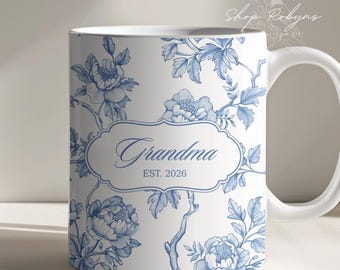 Mug floral personnalisé : élégante tasse à café personnalisée en toile de Jouy bleue