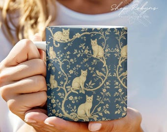 Vintage Inspired Chinoiserie Cat Mug, Dark Blue Feline Toile, 11oz Coffee Mug