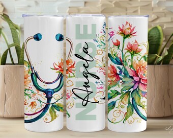Personalized Floral Stethoscope Nurse Tumbler, Custom Name 20oz Skinny Tumbler