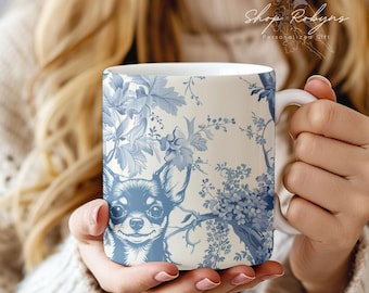 Chihuahua Mug: Blue Toile de Jouy Coffee Cup for Dog Lovers
