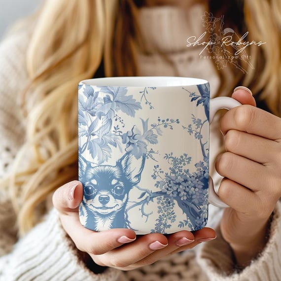 Chihuahua Mug: Blue Toile de Jouy Coffee Cup for Dog Lovers