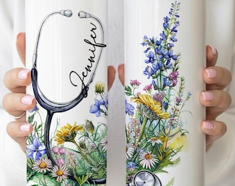Personalized Floral Stethoscope Tumbler, Insulated 20oz Skinny Cup - Custom Name Tumbler