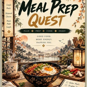 Può includere: Un poster intitolato Meal Prep Quest con una ciotola di noodles con uovo al tegamino, una tazza fumante e un blocco note con lista di controllo. Lo sfondo mostra un paesaggio con montagne, un torii e una lanterna, con testi come Simple Meals, Balanced Choices, Meals Made Simple, Plan, Prep, Cook, Enjoy, Good Food, More Energy, Happier You e Better Meals, Brighter Days, Stronger Me.