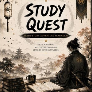 May include: A Study Quest planner cover featuring a person in dark robes sitting before a landscape with a pagoda, a steaming cup, a stack of books with Japanese text, an open book, and a scroll. Text reads: STUDY QUEST, THE STUDY ADVENTURE PLANNER.