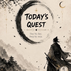 May include: A poster featuring a black ink brush circle enclosing the text TODAY'S QUEST and Day by day. Step by step. A figure in dark robes with a sword stands looking toward a mountain landscape with a pagoda, a torii gate, and a crescent moon.