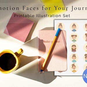 Printable Emotion Faces | 15 Female Mood Illustrations for Journaling | Bullet Journal Decor | Self Reflection Art | Digital Download