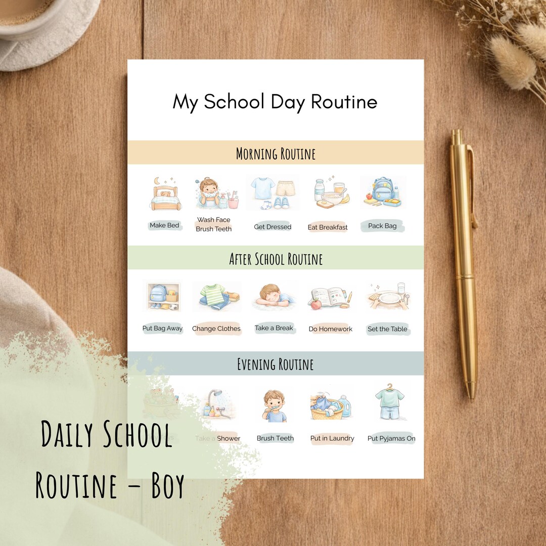 School Routine Times Kids Daily School Routine Chart Printable – Boy Version | Morning ...