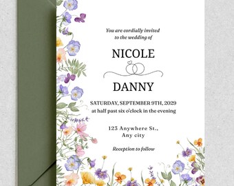 May include: Wedding invitation with floral watercolor design. The invitation features the names "Nicole" and "Danny", with the wedding date and time. The invitation is decorated with colorful flowers and comes with a green envelope.