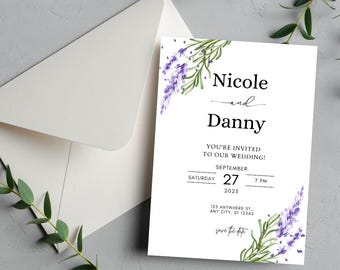 May include: A white wedding invitation with lavender and green floral accents. The invitation includes the names "Nicole and Danny", wedding details, and the phrase "save the date". An envelope is visible in the background.