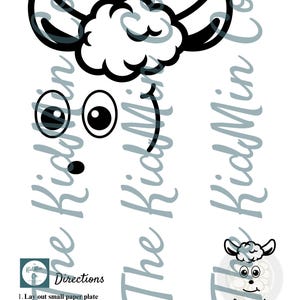 May include: A black and white sheep craft template with instructions. The template includes a sheep face, eyes, and ears. The instructions are to glue cotton balls to a paper plate, attach a popsicle stick, and glue the sheep cutout. The text "Psalm 23:1" is also included.