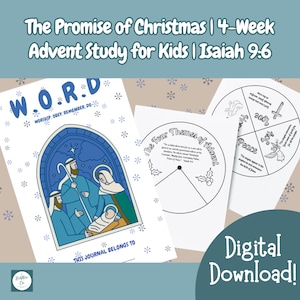 May include: A digital download featuring a 4-week Advent study for kids. The cover of the journal has a blue illustration of the nativity scene. The text includes "The Promise of Christmas" and "Digital Download!"