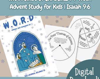 Puede incluir: Una descarga digital de un estudio de Adviento de 4 semanas para niños. La portada del diario presenta una ilustración azul de la escena de la natividad. El texto incluye "The Promise of Christmas" y "Digital Download!"