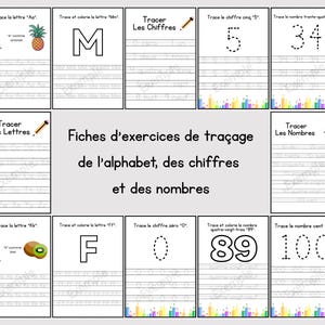 Pode incluir: Folhas de exercícios educativas para traçar letras, números e palavras. As folhas de exercícios incluem as letras A, M, K e F, juntamente com os números 0, 5, 34, 89 e 100. Cada folha de exercícios tem uma borda colorida e o texto "Fiches d'exercices de traçage de l'alphabet, des chiffres et des nombres".