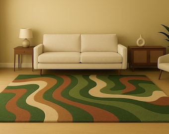 Hand Tufted Wool Rug | Mid Century Modern Green Wave Carpet