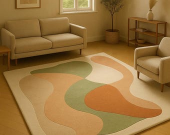 May include: A beige area rug with an abstract design in shades of orange, green, and cream. The rug is placed on a hardwood floor in a living room setting, with neutral-toned furniture and decor.