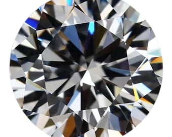 May include: A round, brilliant-cut diamond with numerous facets. The colorless gemstone reflects light, creating a sparkling effect. The diamond is set against a white background, highlighting its clarity and brilliance. This image showcases the intricate cut and polished surface of the gem.