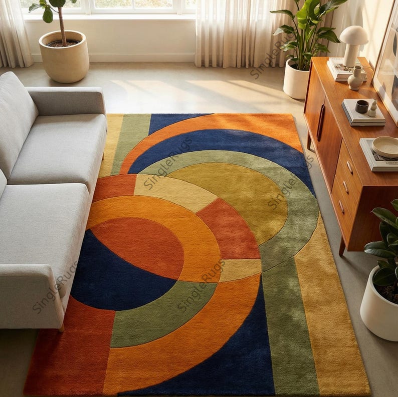 Overlap Blocks Wool Rug Hand Tufted Wool Rug, Mid Century Modern Geometric Carpet - Etsy