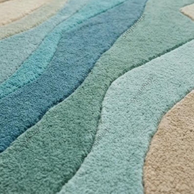 Wool Wave Rug Hand Tufted Wool Rug – Coastal Ocean Wave Design, Modern Beach House ...