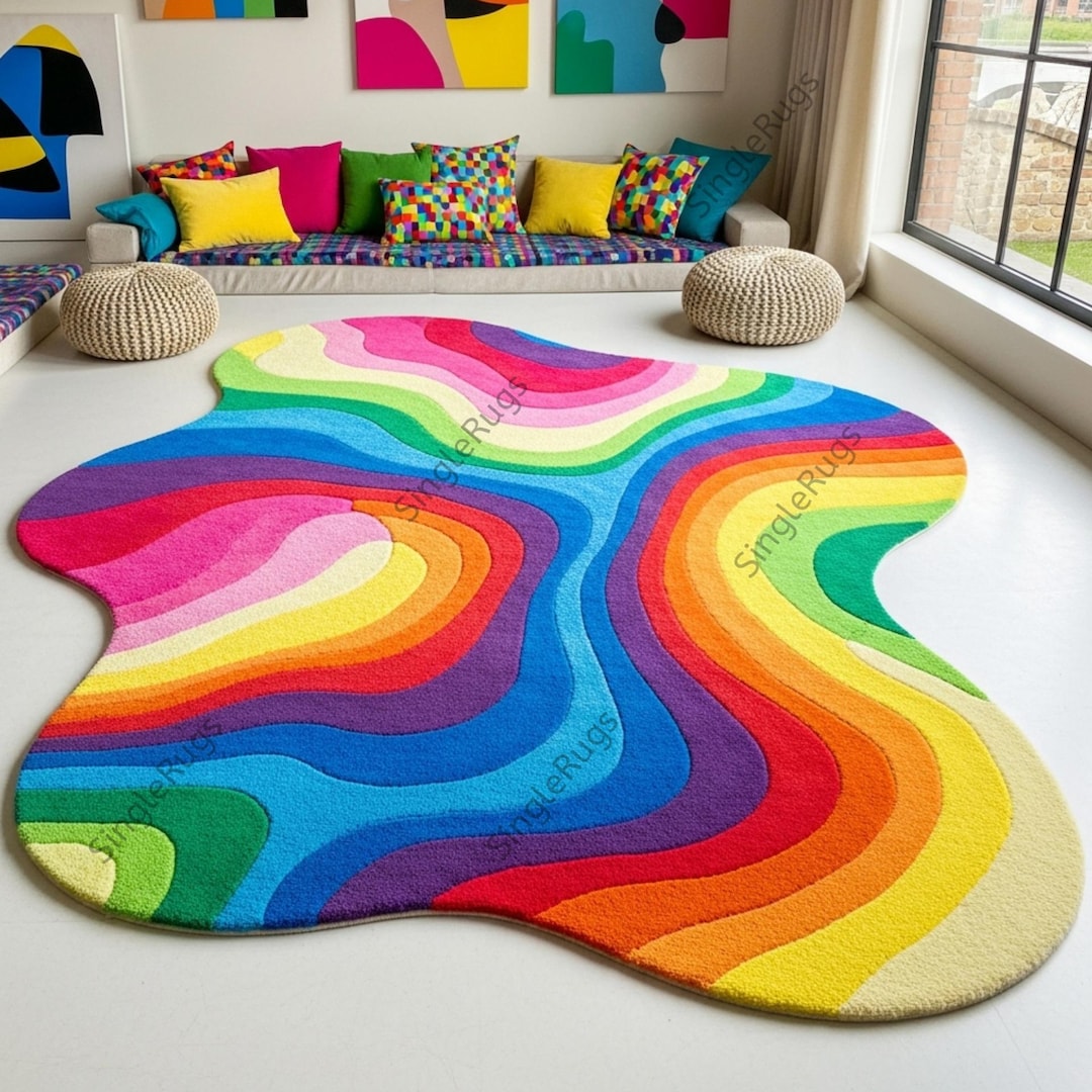 Hand-tufted Rainbow Wool Rug: Vibrant Spiral Carpet - Etsy