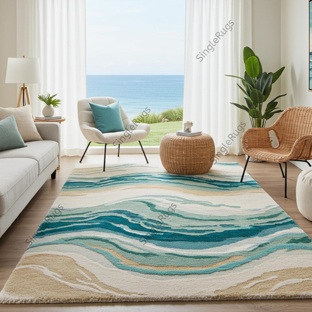 Hand-tufted Wool Area Rug – Coastal Ocean Wave, Abstract Blue Teal - Etsy