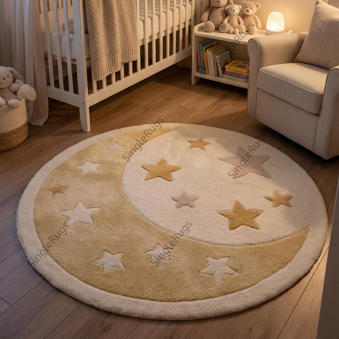 Crescent Moon Stars Round Nursery Rug | Hand-tufted Wool Celestial Play ...