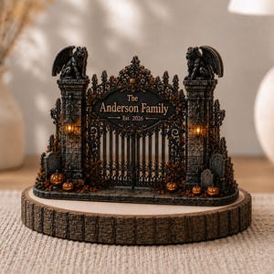 Könnte beinhalten: Eine dekorative Halloween-Tor-Skulptur mit zwei steinstrukturierten Säulen, die von Wasserspeiern gekrönt sind, einer zentralen ovalen Plakette mit der Aufschrift The Anderson Family Est. 2026, kleinen orangefarbenen Kürbissen, Laternen und Grabsteinen.