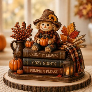 Bloc de bois épouvantail d'automne, décoration de livres et de citrouilles d'automne, décoration rustique pour étagère, décoration chaleureuse pour étagère d'automne