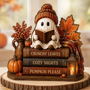 Bloc de bois fantôme lisant, décoration automnale chaleureuse avec pile de livres, adorable fantôme à poser sur une étagère, décoration rustique pour bibliothèque, cadeau d'Halloween pour les amoureux des livres