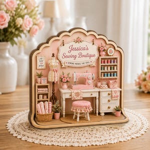 May include: A miniature wooden diorama of a sewing room featuring a pink sewing machine, a dress form, a shelf with thread spools, a desk, and a stool. The sign at the top reads Jessica's Sewing Boutique and SEWING MENDS THE SOUL.