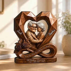 May include: A brown, faceted heart-shaped sculpture featuring a carved elderly couple embracing. The names Jack and Sophia are engraved on the sides. The base includes the text 5th Wedding Anniversary 2021-2026 and From Our First Kiss Till Our Last Breath.