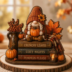 Fall Gnome Wooden Block, Pumpkin Book Stack Decor, Cozy Autumn Shelf Sitter, Rustic Harvest Bookshelf Decor, Gnome Lover Gift