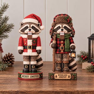 Può includere: Due statuette schiaccianoci a forma di procione. Quella a sinistra indossa un cappello e un cappotto da Babbo Natale rossi con bordo bianco, su una base con la scritta MERRY JIMOTHY. Quella a destra indossa un colbacco a quadri rossi e neri.