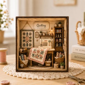 May include: A miniature wooden diorama of a quilting room featuring a sewing machine, a quilt on a table, baskets of fabric rolls, and a wall sign that reads Quilting Stitching Memories. The scene includes shelves with jars and spools.