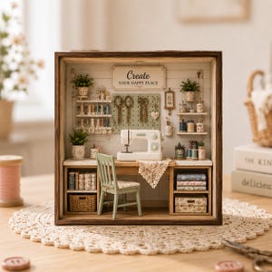 Può includere: Un diorama in miniatura in legno di una stanza da cucito con una macchina da cucire bianca su una scrivania, una sedia verde chiaro, scaffali con rocchetti di filo, piante in vaso e una targa a muro con scritto Create YOUR HAPPY PLACE.