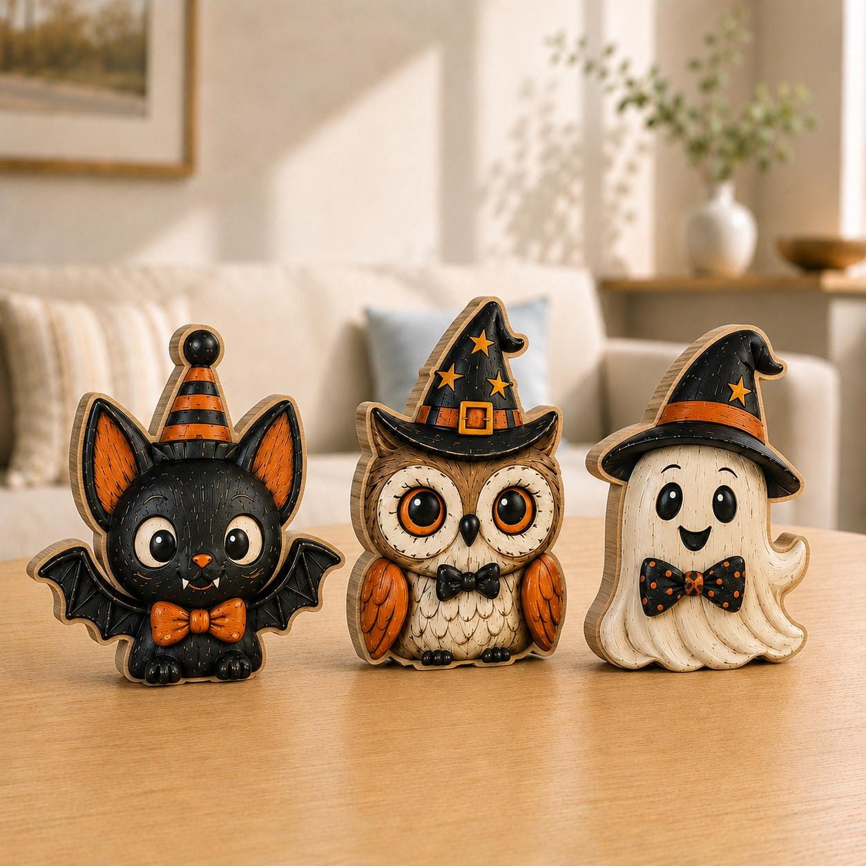 Vintage Halloween Decor, Retro Wooden Block Shelf Sitter, Cute